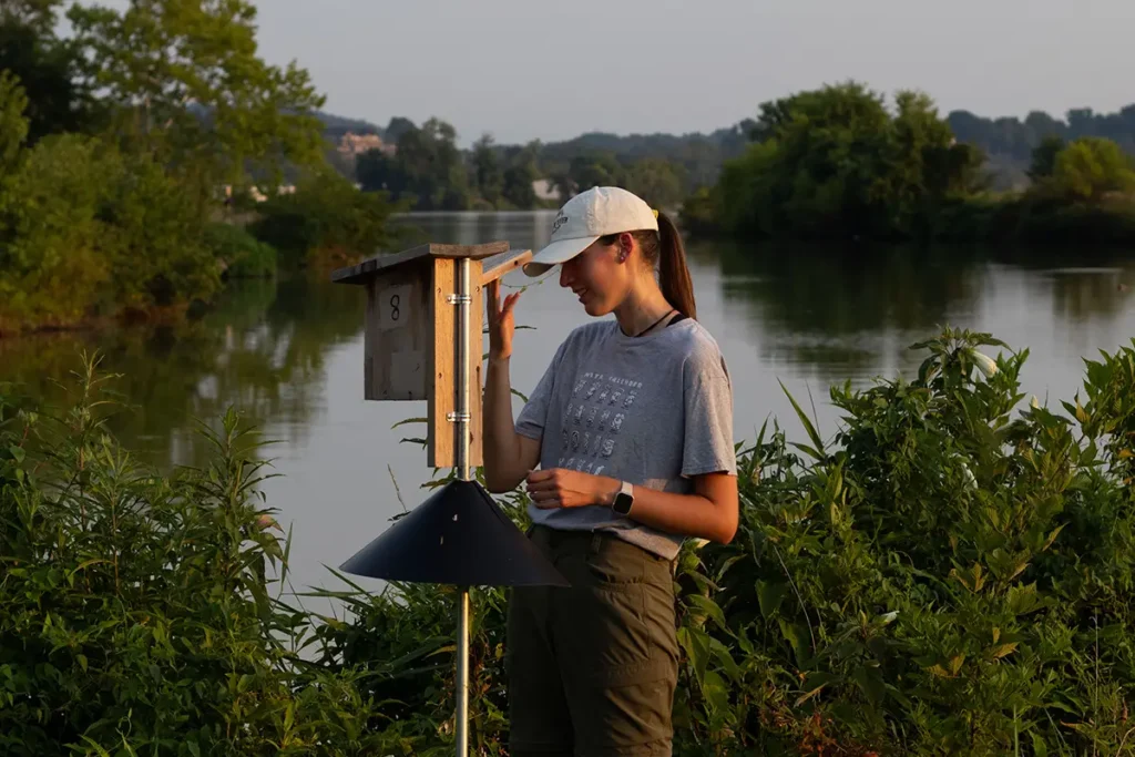 A woman standing near a birdhouse with greenery and a lake behind her